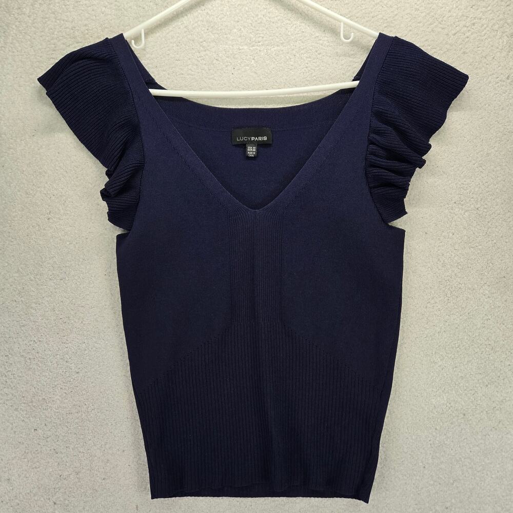 Lucy Paris Top Womens M Sarah Ruffle Knit Blouse Flutter Cap Sleeve Blue Ribbed